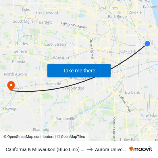 California & Milwaukee (Blue Line) (South) to Aurora University map