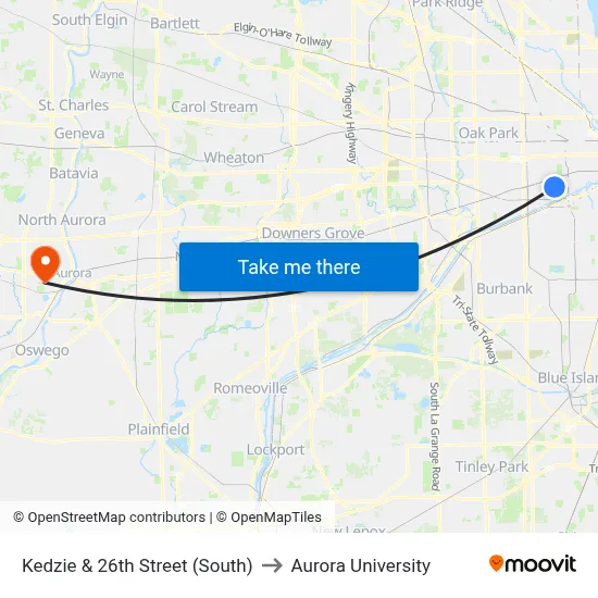 Kedzie & 26th Street (South) to Aurora University map