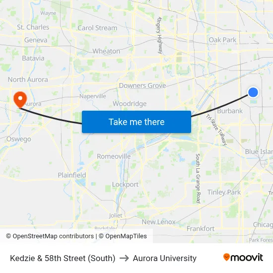 Kedzie & 58th Street (South) to Aurora University map