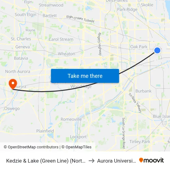 Kedzie & Lake (Green Line) (North) to Aurora University map