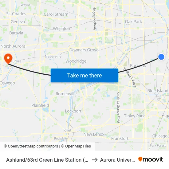 Ashland/63rd Green Line Station (West) to Aurora University map