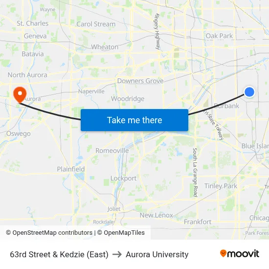 63rd Street & Kedzie (East) to Aurora University map