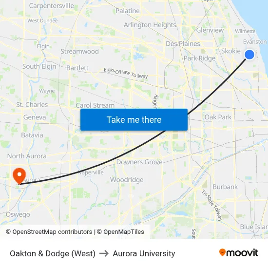Oakton & Dodge (West) to Aurora University map
