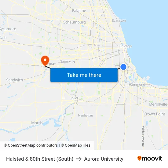 Halsted & 80th Street (South) to Aurora University map
