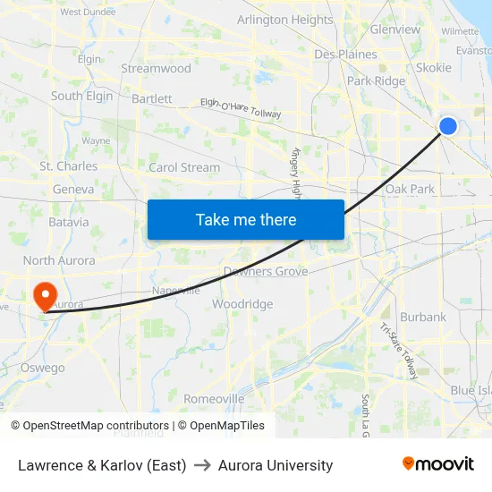 Lawrence & Karlov (East) to Aurora University map