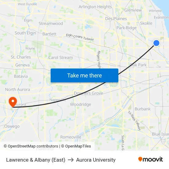 Lawrence & Albany (East) to Aurora University map