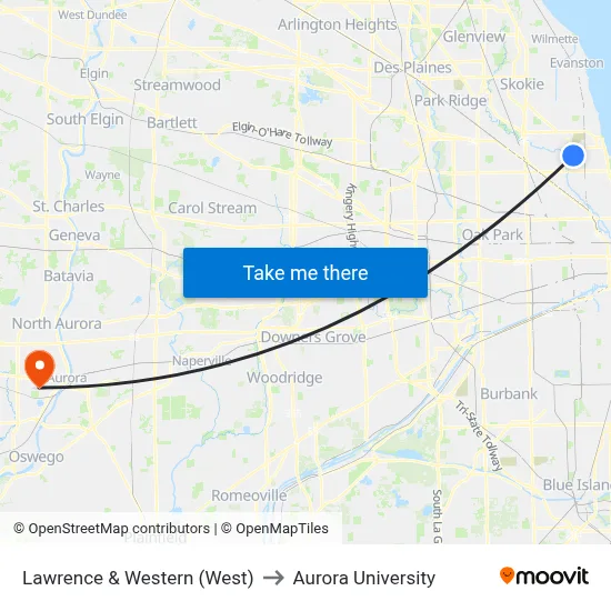 Lawrence & Western (West) to Aurora University map