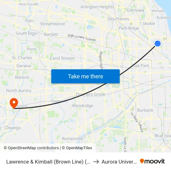Lawrence & Kimball (Brown Line) (West) to Aurora University map