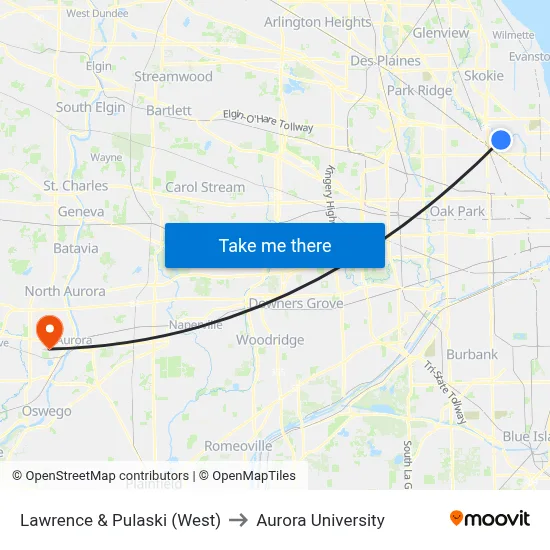 Lawrence & Pulaski (West) to Aurora University map