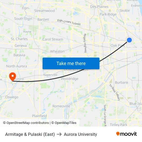 Armitage & Pulaski (East) to Aurora University map