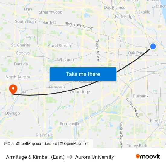 Armitage & Kimball (East) to Aurora University map
