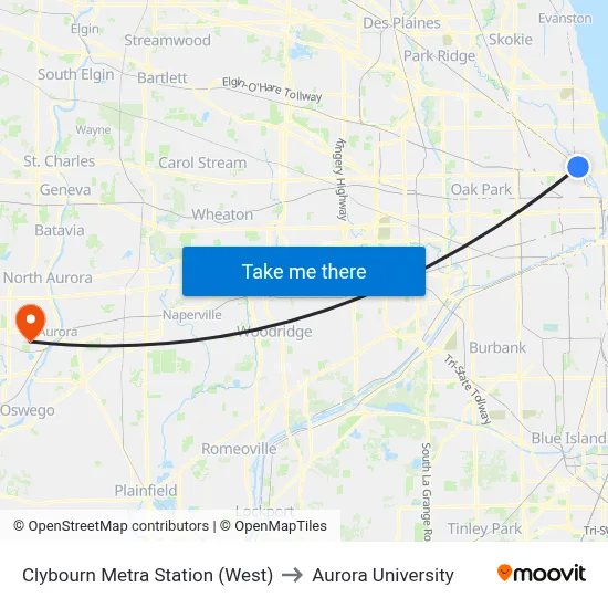 Clybourn Metra Station (West) to Aurora University map