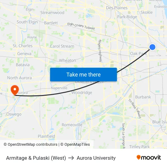 Armitage & Pulaski (West) to Aurora University map