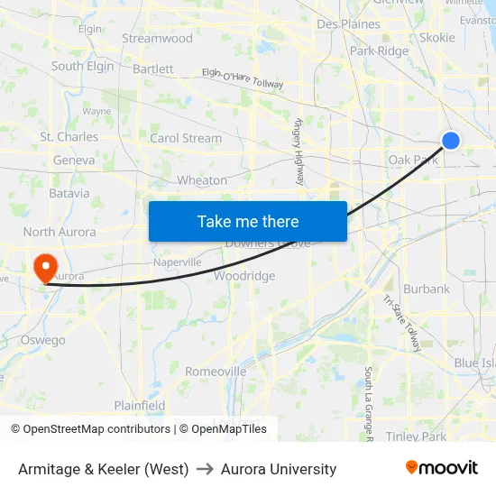 Armitage & Keeler (West) to Aurora University map