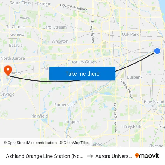 Ashland Orange Line Station (North) to Aurora University map