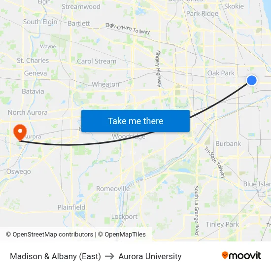 Madison & Albany (East) to Aurora University map