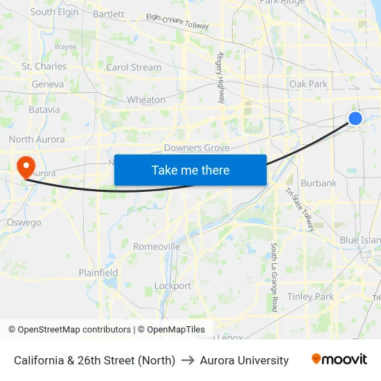 California & 26th Street (North) to Aurora University map