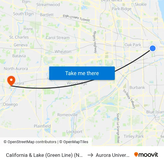 California & Lake (Green Line) (North) to Aurora University map