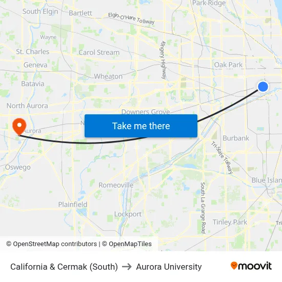 California & Cermak (South) to Aurora University map