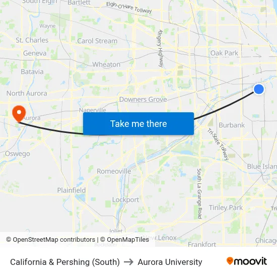 California & Pershing (South) to Aurora University map