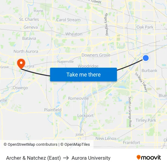 Archer & Natchez (East) to Aurora University map