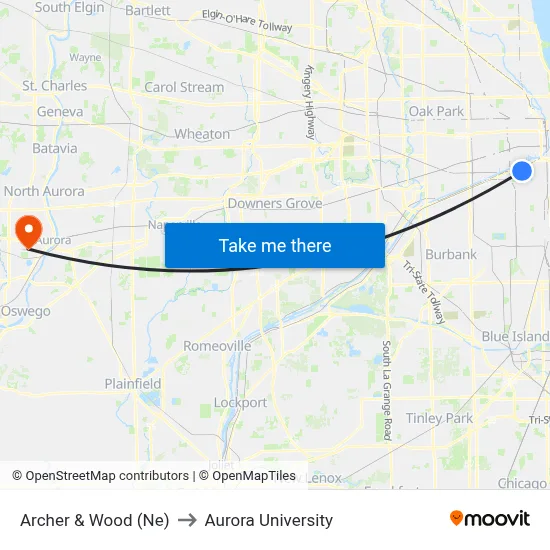 Archer & Wood (Ne) to Aurora University map
