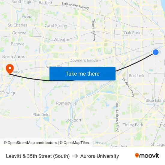 Leavitt & 35th Street (South) to Aurora University map