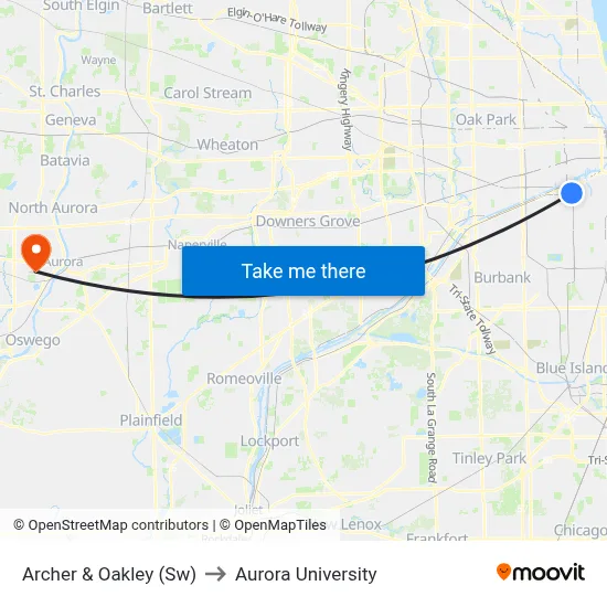 Archer & Oakley (Sw) to Aurora University map