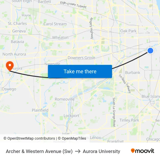 Archer & Western Avenue (Sw) to Aurora University map