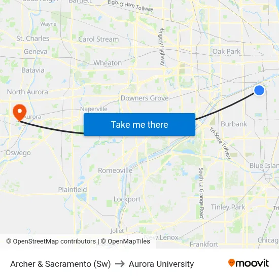 Archer & Sacramento (Sw) to Aurora University map