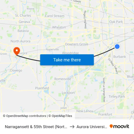 Narragansett & 55th Street (North) to Aurora University map