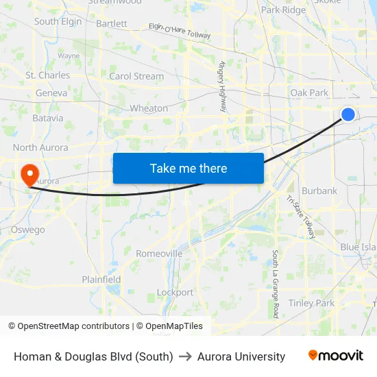 Homan & Douglas Blvd (South) to Aurora University map