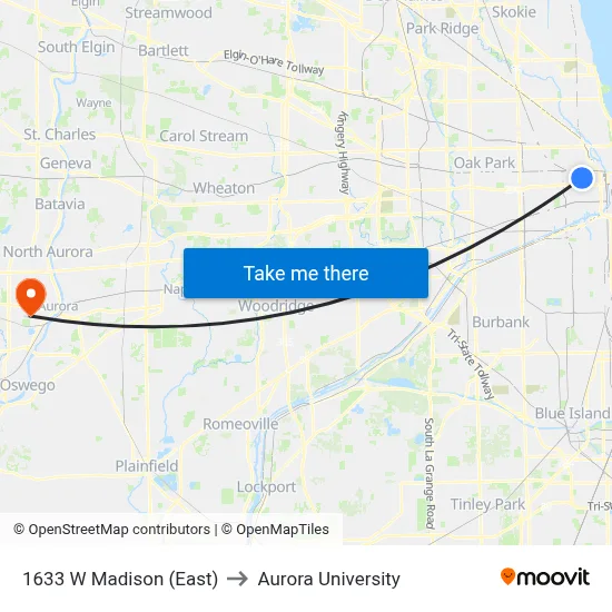 1633 W Madison (East) to Aurora University map