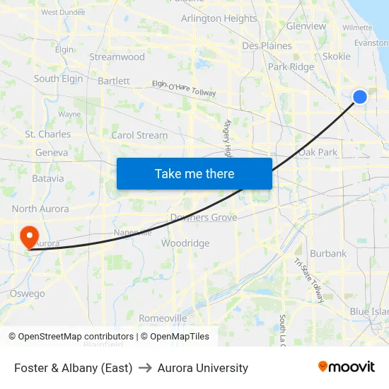 Foster & Albany (East) to Aurora University map