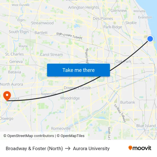 Broadway & Foster (North) to Aurora University map