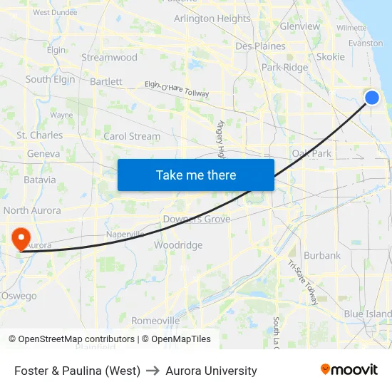 Foster & Paulina (West) to Aurora University map