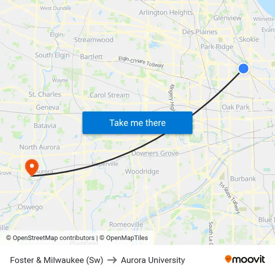 Foster & Milwaukee (Sw) to Aurora University map