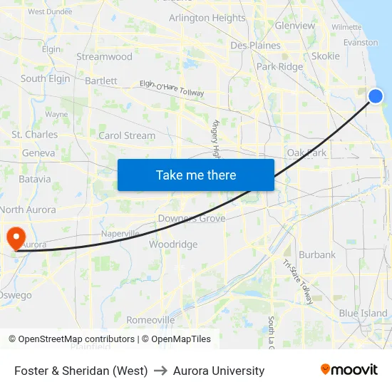 Foster & Sheridan (West) to Aurora University map