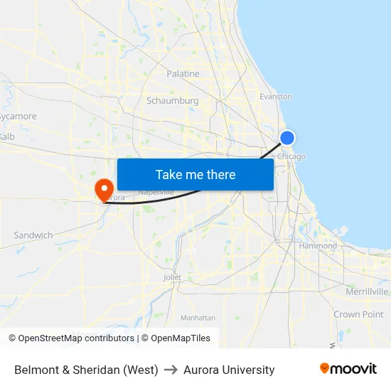Belmont & Sheridan (West) to Aurora University map