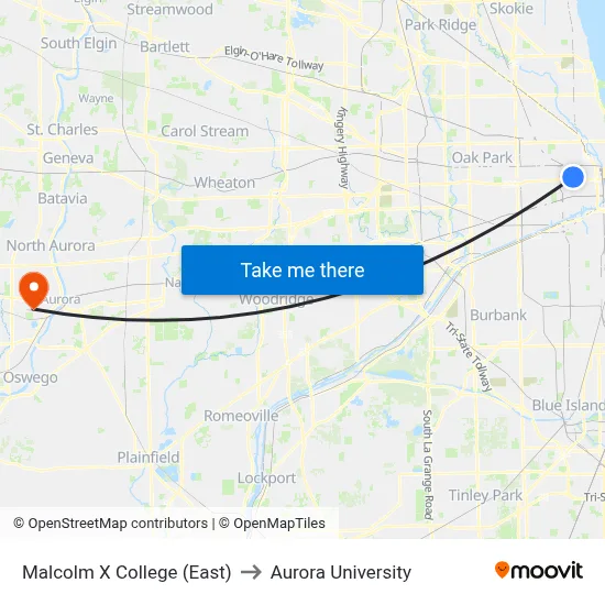 Malcolm X College (East) to Aurora University map