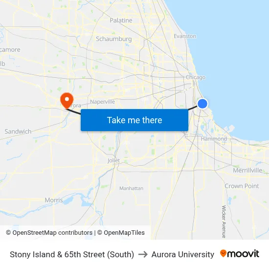 Stony Island & 65th Street (South) to Aurora University map