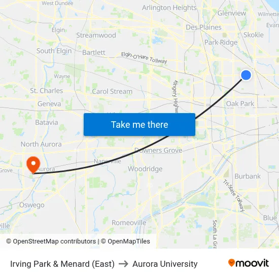 Irving Park & Menard (East) to Aurora University map