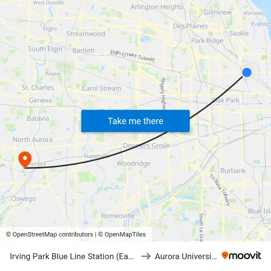 Irving Park Blue Line Station (East) to Aurora University map