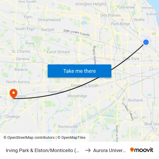 Irving Park & Elston/Monticello (West) to Aurora University map
