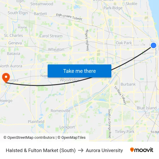Halsted & Fulton Market (South) to Aurora University map