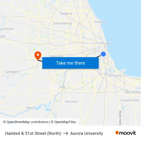 Halsted & 51st Street (North) to Aurora University map