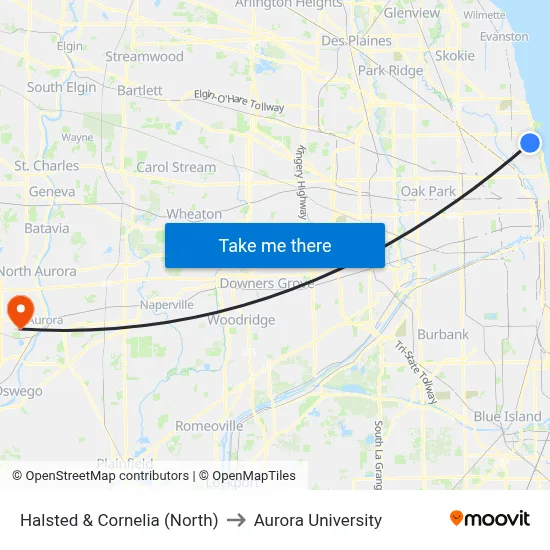 Halsted & Cornelia (North) to Aurora University map