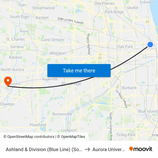 Ashland & Division (Blue Line) (South) to Aurora University map