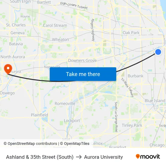 Ashland & 35th Street (South) to Aurora University map