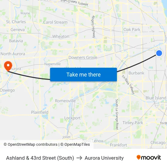 Ashland & 43rd Street (South) to Aurora University map